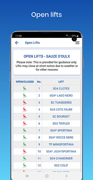 Sauze d'Oulx app open lifts page
